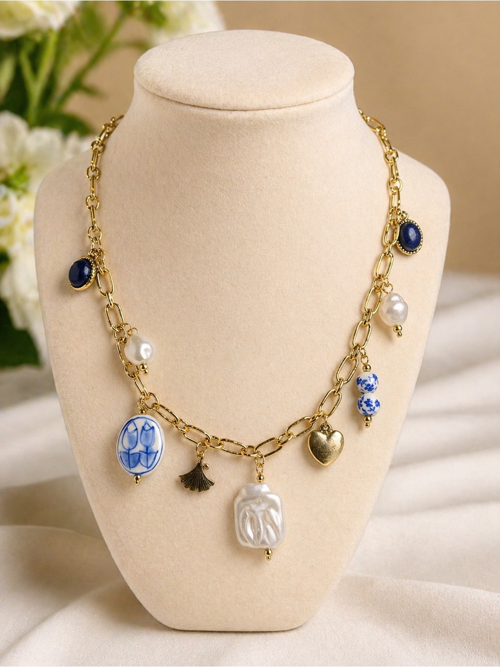 Gold Charm Necklace Blue White Porcelain Pearl Heart Boho Coastal Statement